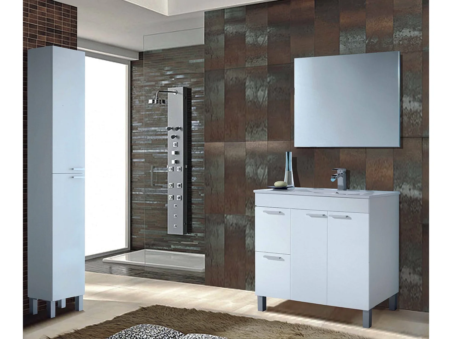 Columna de baño Dfaropp, Mueble columna para baño con 2 puertas, Mueble de pared con 2 baldas, 30x25h182 cm, Blanco brillante