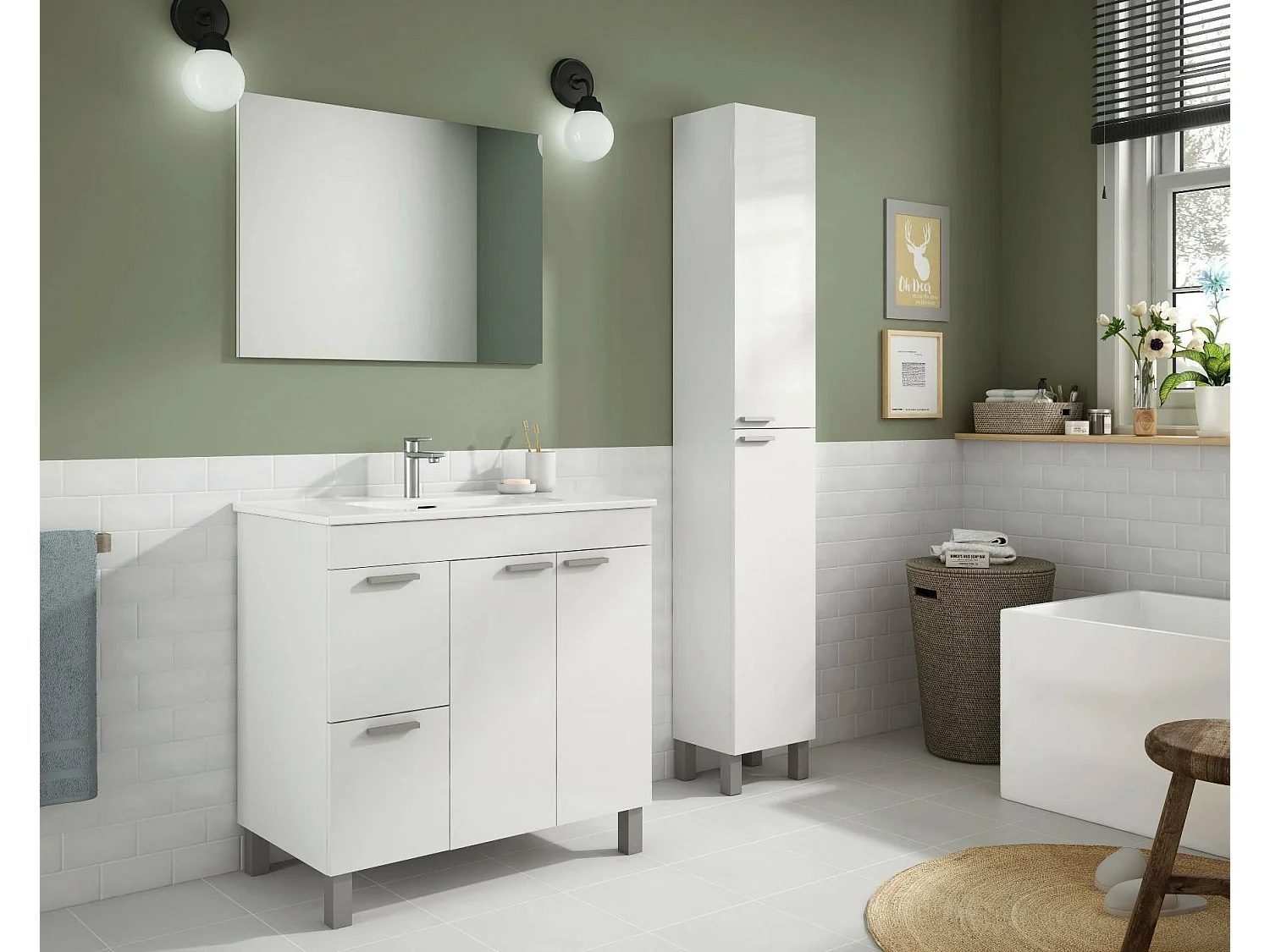 Columna de baño Dfaropp, Mueble columna para baño con 2 puertas, Mueble de pared con 2 baldas, 30x25h182 cm, Blanco brillante