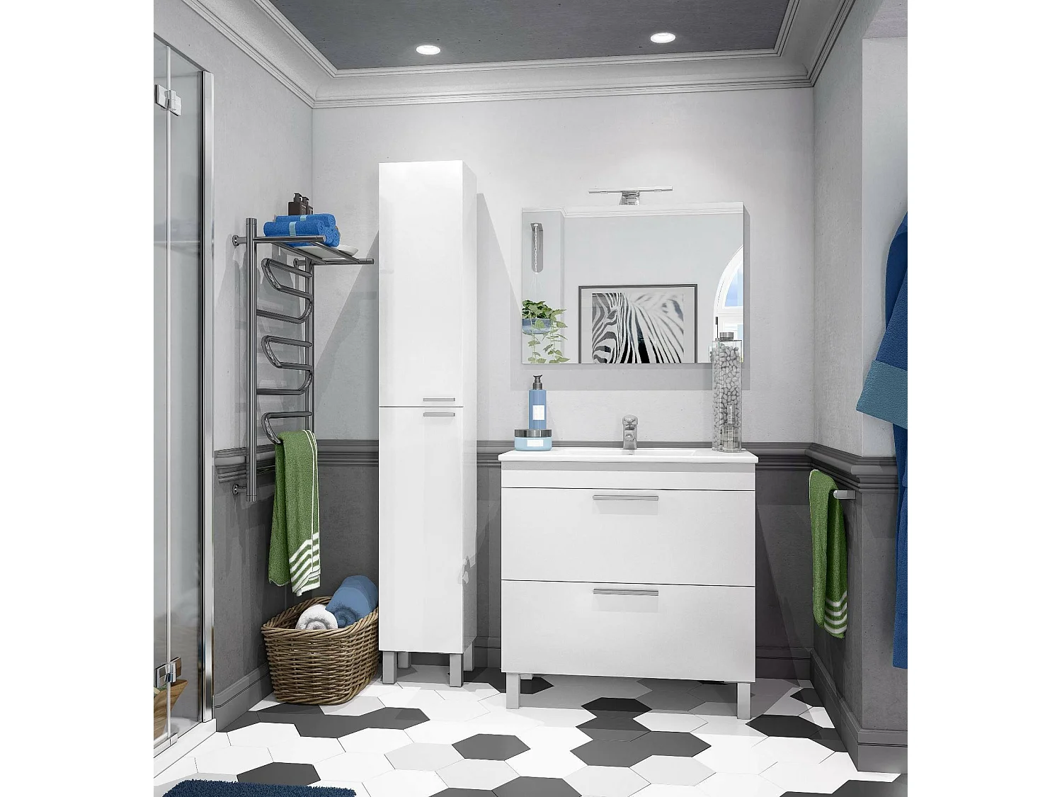 Columna de baño Dfaropp, Mueble columna para baño con 2 puertas, Mueble de pared con 2 baldas, 30x25h182 cm, Blanco brillante