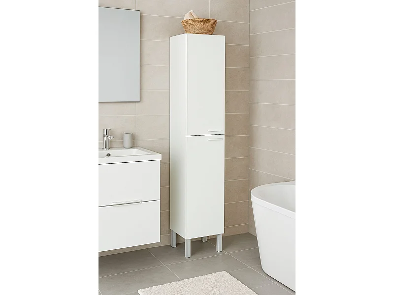 Columna de baño Dfaropp, Mueble columna para baño con 2 puertas, Mueble de pared con 2 baldas, 30x25h182 cm, Blanco brillante