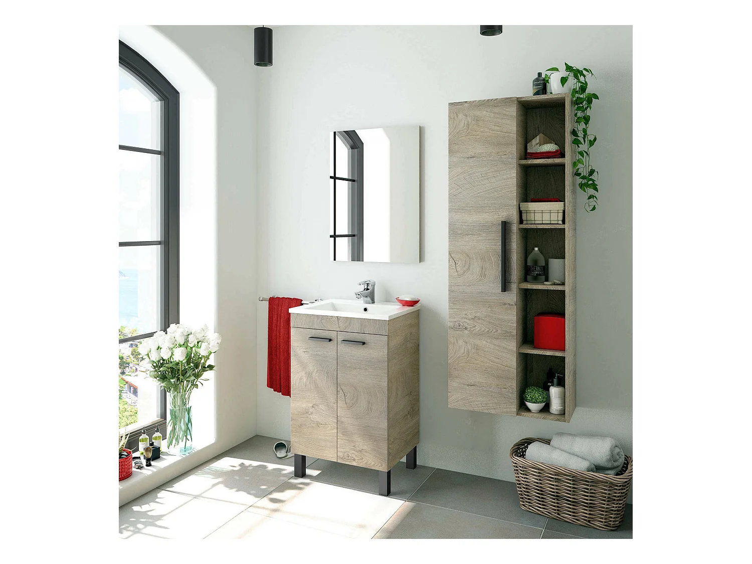 Säule für das Badezimmer Dgeroli, Säulenschrank für Badezimmer mit 1 Tür, Hängeschrank mit 5 Einlegeböden, 51x25h135 cm, Eiche