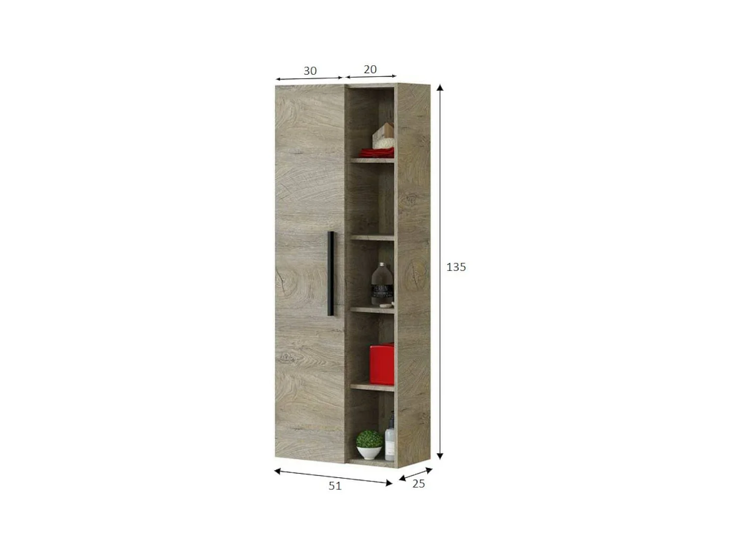 Säule für das Badezimmer Dgeroli, Säulenschrank für Badezimmer mit 1 Tür, Hängeschrank mit 5 Einlegeböden, 51x25h135 cm, Eiche