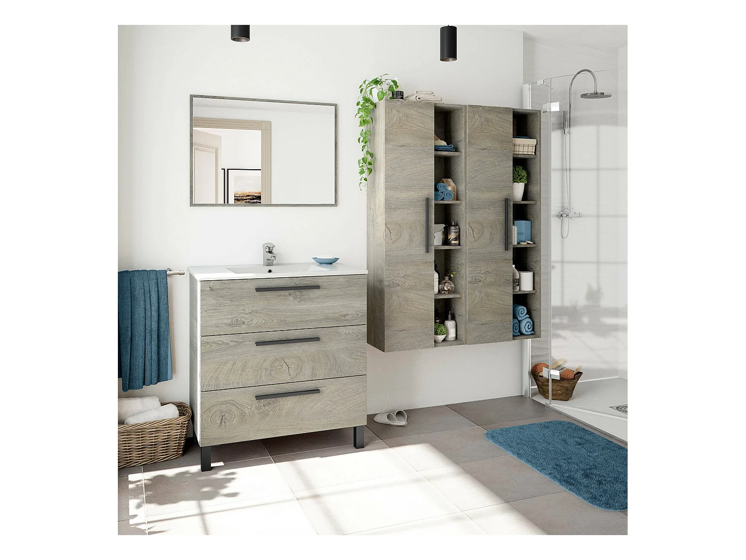 Säule für das Badezimmer Dgeroli, Säulenschrank für Badezimmer mit 1 Tür, Hängeschrank mit 5 Einlegeböden, 51x25h135 cm, Eiche