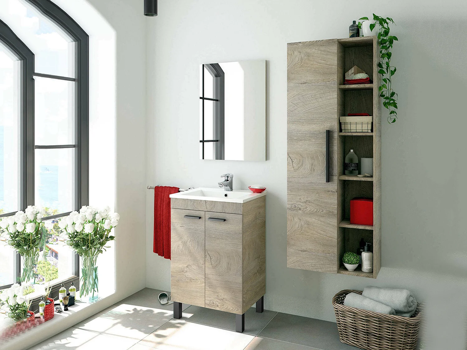 Colonne de salle de bain Dgeroli, meuble colonne de salle de bain 1 porte, meuble mural suspendu avec 5 étagères, 51x25h135 cm, chêne