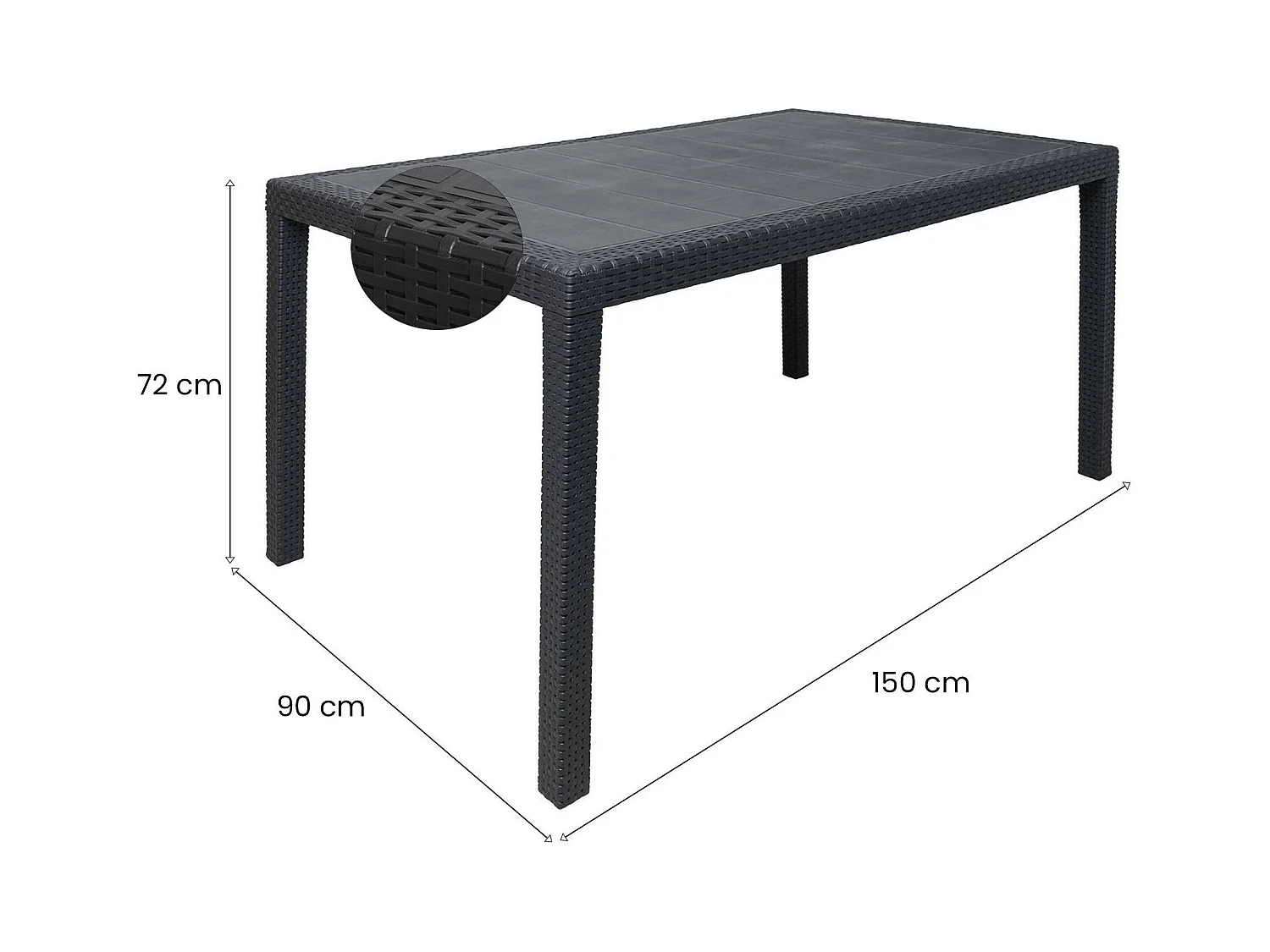 Table d'extérieur Dmachac, Étagère à manger rectangulaire, Table de jardin polyvalente effet rotin, 100% Made in Italy, 150x90h72 cm, Anthracite