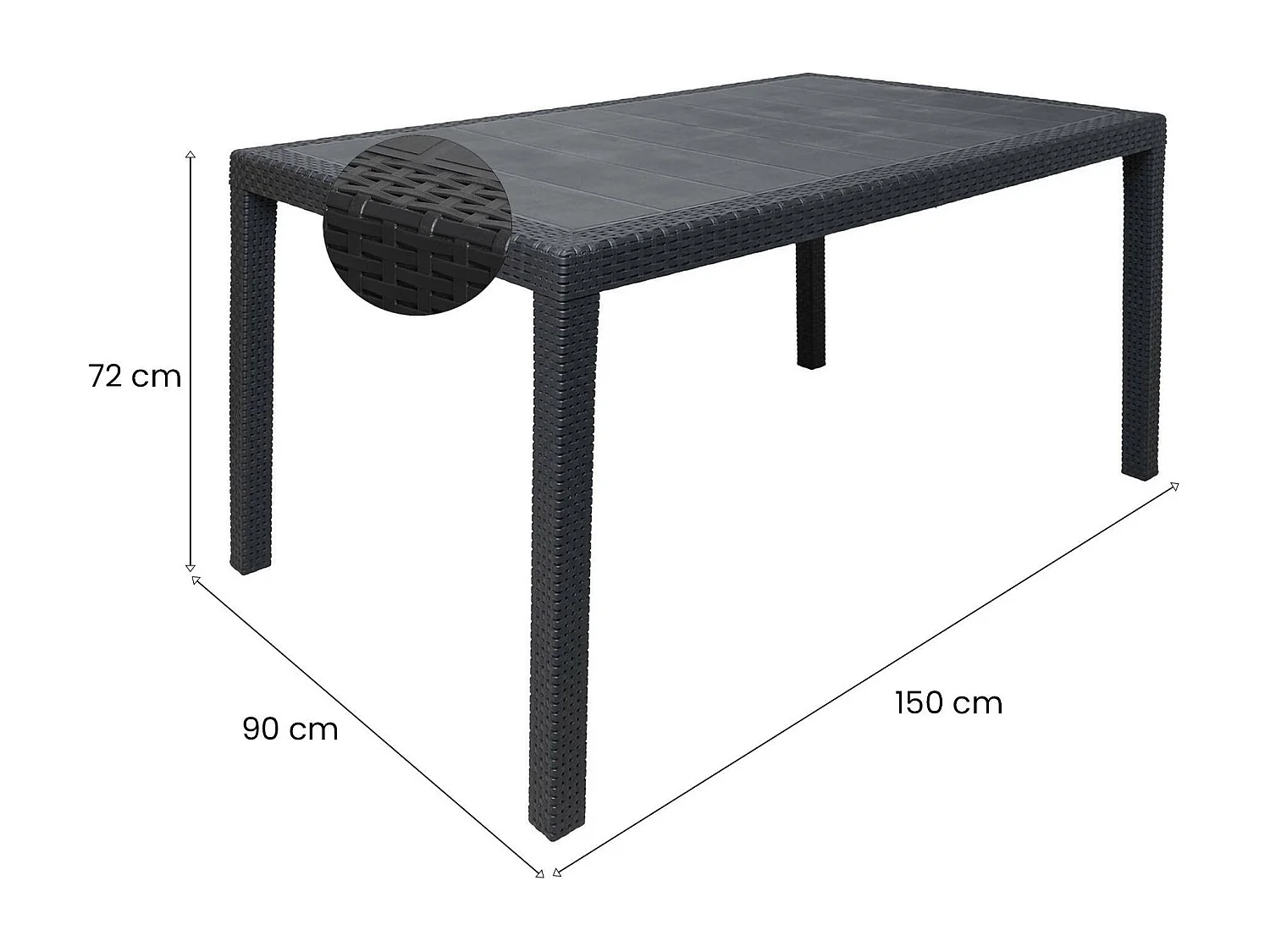 Mesa de jardín Dmachac, Mesa de comedor rectangular, Mesa de jardín multiusos efecto ratán, 100% Made in Italy, 150x90h72 cm, Antracita