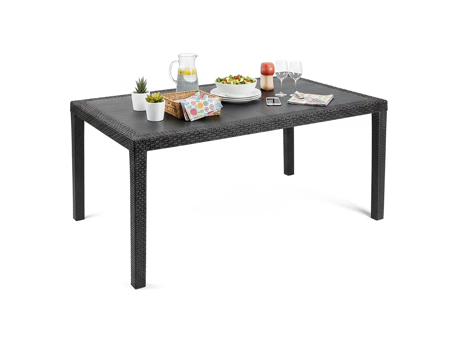 Table d'extérieur Dfelic, Étagère rectangulaire fixe, Table de jardin polyvalente effet rotin, 100% Made in Italy, 138x78h72 cm, Anthracite