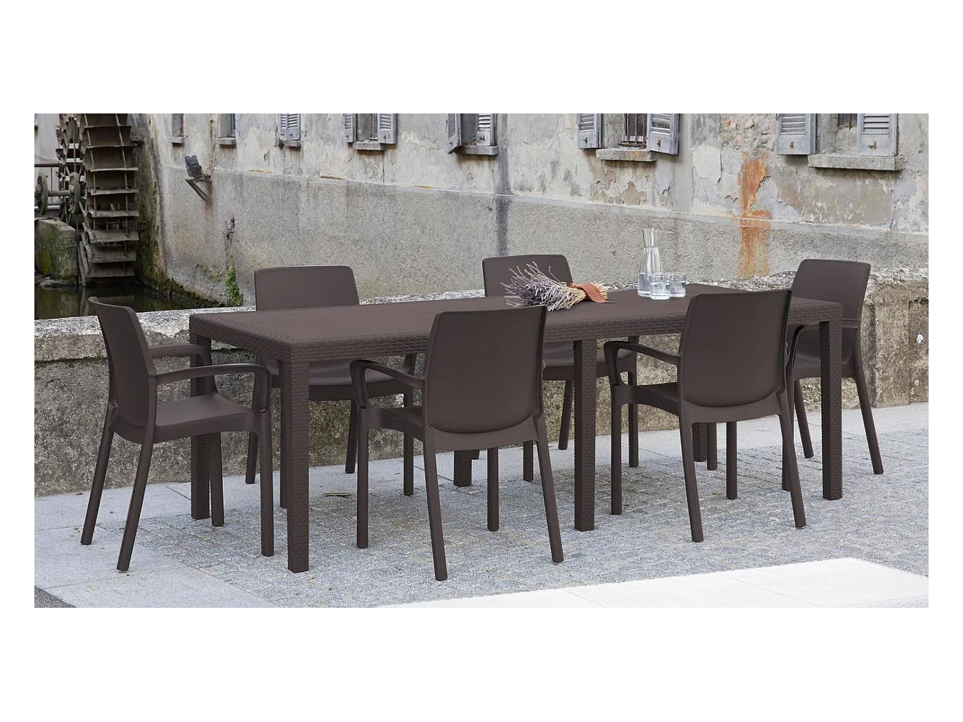Table d'extérieur Dmains, Etagère à manger rectangulaire extensible, Table de jardin extensible effet rotin, 100% Made in Italy, 150/220x90h72 cm, Marron