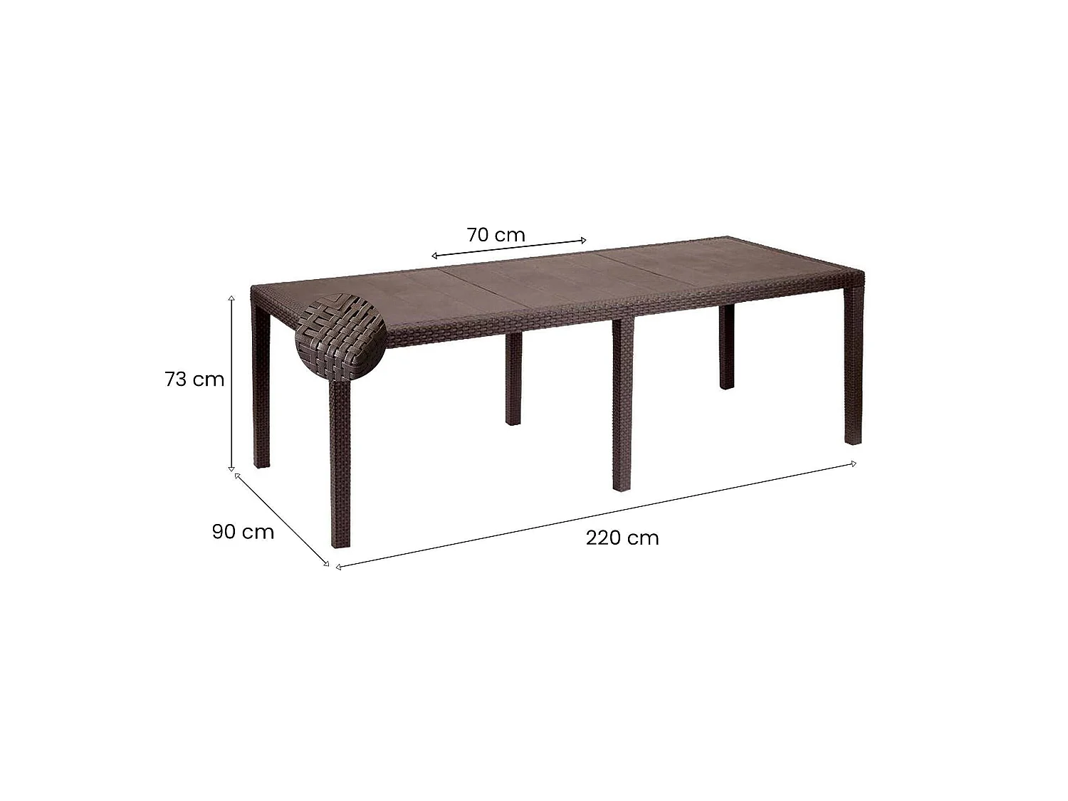 Table d'extérieur Dmains, Etagère à manger rectangulaire extensible, Table de jardin extensible effet rotin, 100% Made in Italy, 150/220x90h72 cm, Marron