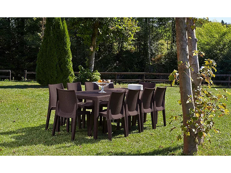 Mesa externa Dmains, Mesa de jantar extensível retangular, Mesa extensível de jardim com efeito rattan, 100% Fabricado na Itália, 150x90h72 cm, Marrom