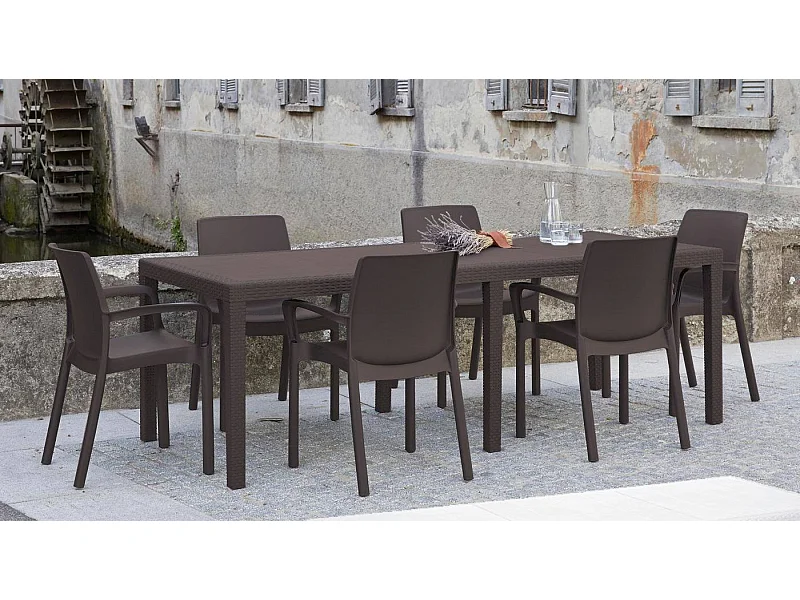 Table d'extérieur Dmains, Etagère à manger rectangulaire extensible, Table de jardin extensible effet rotin, 100% Made in Italy, 150/220x90h72 cm, Marron
