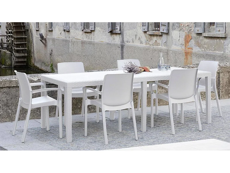 Dmains buitentafel, Uitschuifbare rechthoekige eettafel, Uitschuifbare tuintafel met rotaneffect, 100% Made in Italy, 150x90h72 cm, Wit
