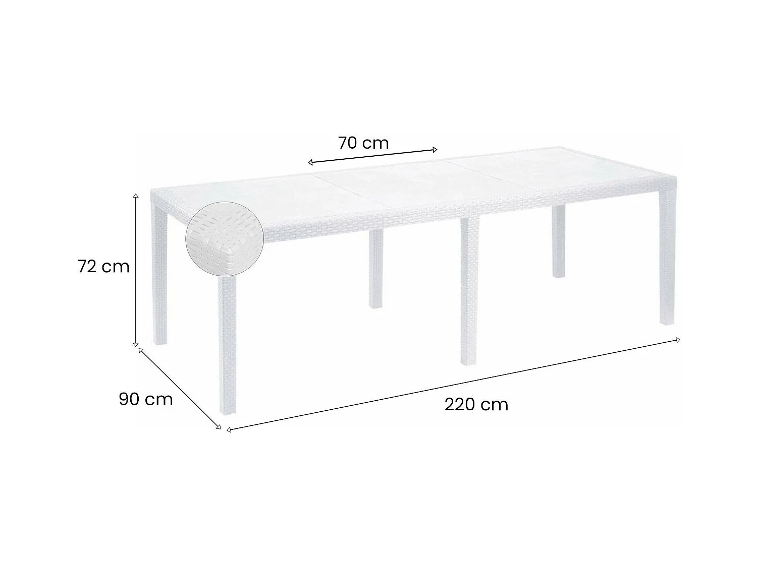 Mesa de jardín Dmains, Mesa de comedor extensible rectangular, Mesa de jardín extensible efecto ratán, 100% Made in Italy, 150x90h72 cm, Blanco