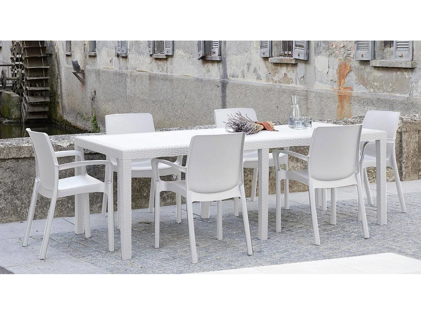 Mesa de jardín Dmains, Mesa de comedor extensible rectangular, Mesa de jardín extensible efecto ratán, 100% Made in Italy, 150x90h72 cm, Blanco
