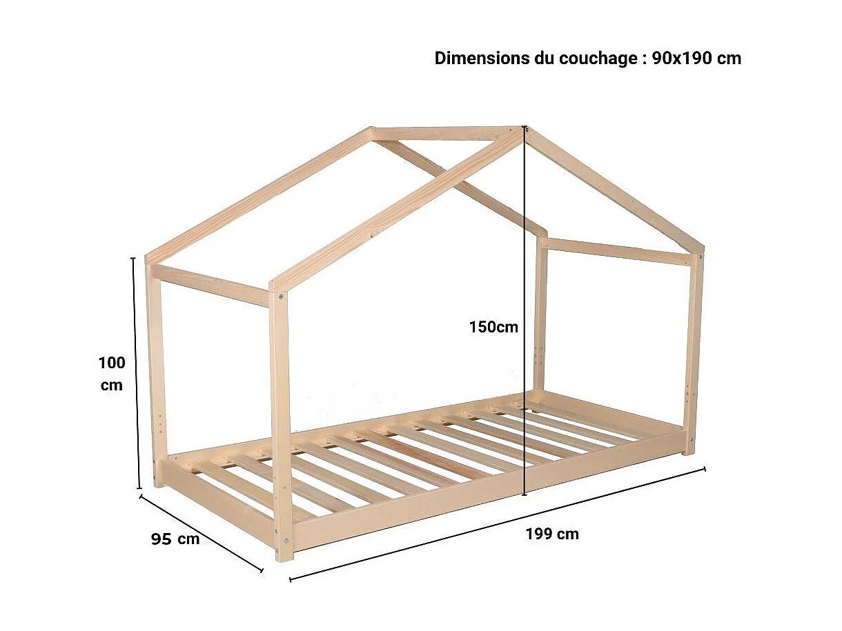 Lit cabane KOALA 90x190 + 1 sommier / Naturel