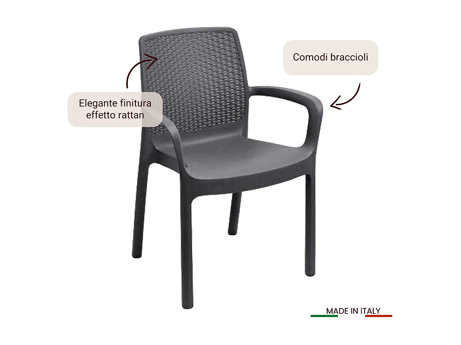 Sillas de Jardín Dnardin, Juego de 4 asiento de jardín, Silla para mesa de comedor, Sillón de exterior efecto ratán, 100% Made in Italy, 54x60h82 cm, Antracita