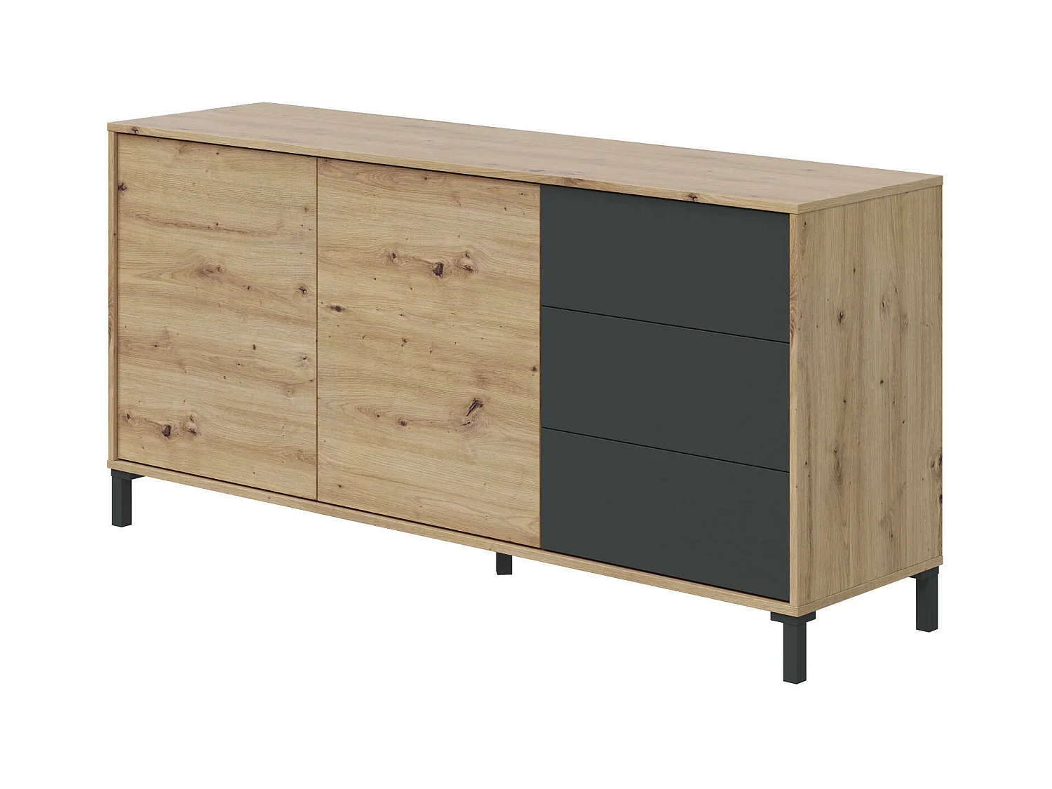 Buffet Dbog, Buffet de salon, Meuble TV, Armoire de salon, Buffet moderne avec 2 portes et 3 tiroirs, 154x41h74 cm, Chêne noué et Anthracite