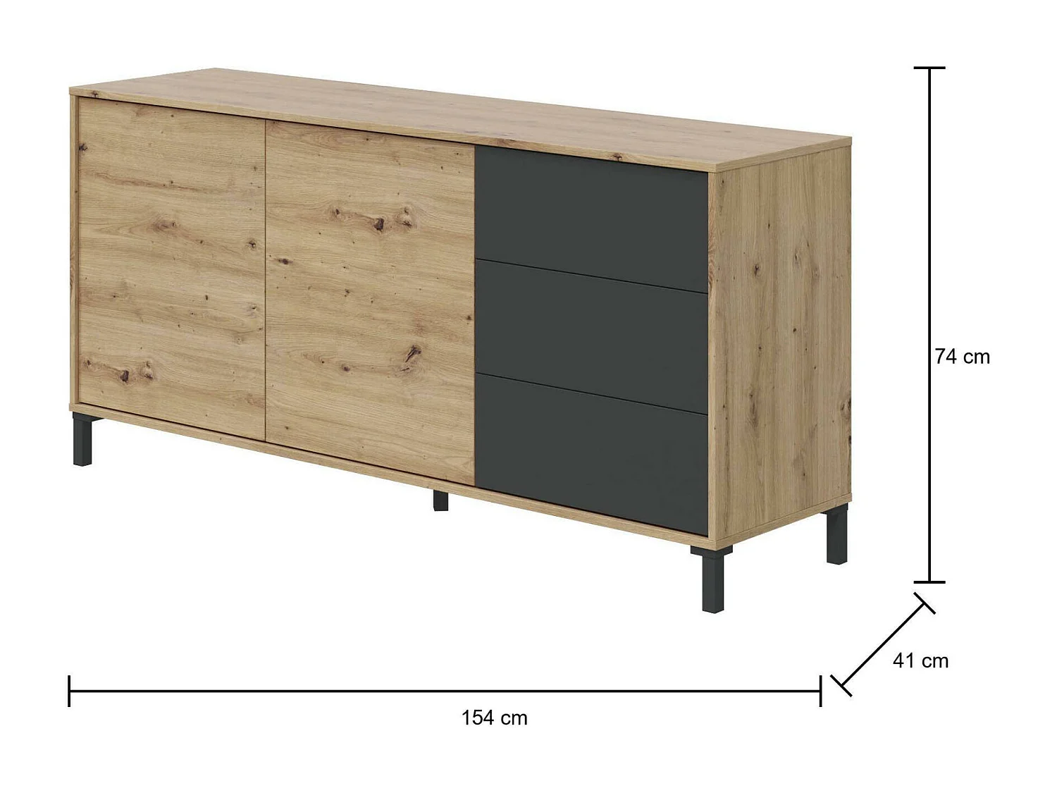Buffet Dbog, Buffet de salon, Meuble TV, Armoire de salon, Buffet moderne avec 2 portes et 3 tiroirs, 154x41h74 cm, Chêne noué et Anthracite