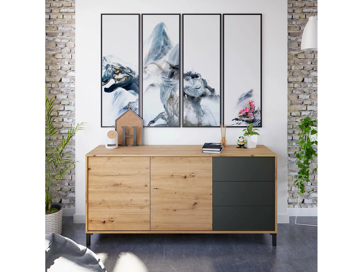 Dbog dressoir, Modern dressoir met 2 deuren en 3 laden, Woonkamerbuffet, TV-kast, Dressoir voor woonkamer, 154x41h74 cm, Geknoopt eiken en antraciet