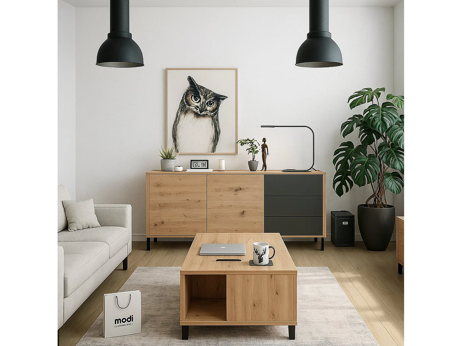 Buffet Dbog, Buffet de salon, Meuble TV, Armoire de salon, Buffet moderne avec 2 portes et 3 tiroirs, 154x41h74 cm, Chêne noué et Anthracite