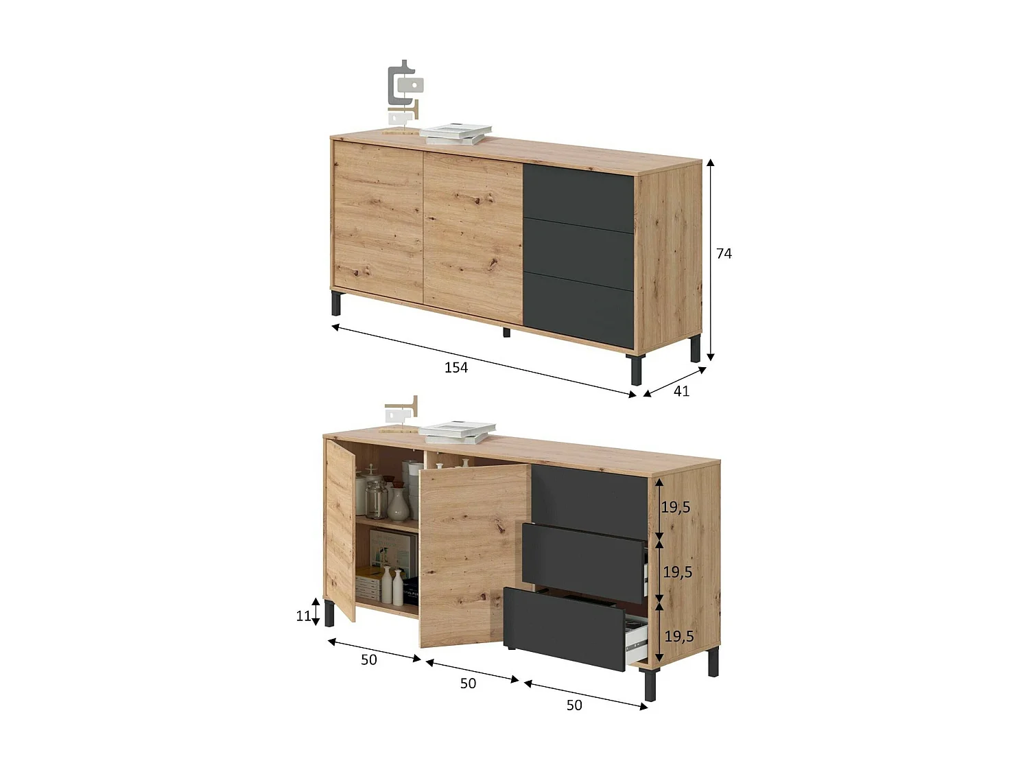 Buffet Dbog, Buffet de salon, Meuble TV, Armoire de salon, Buffet moderne avec 2 portes et 3 tiroirs, 154x41h74 cm, Chêne noué et Anthracite