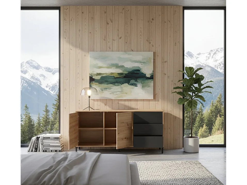 Aparador Dbog, Aparador moderno con 2 puertas y 3 cajones, Bufet de salón, gabinete de TV, Aparador para salón, 154x41h74 cm, Roble anudado y Antracita