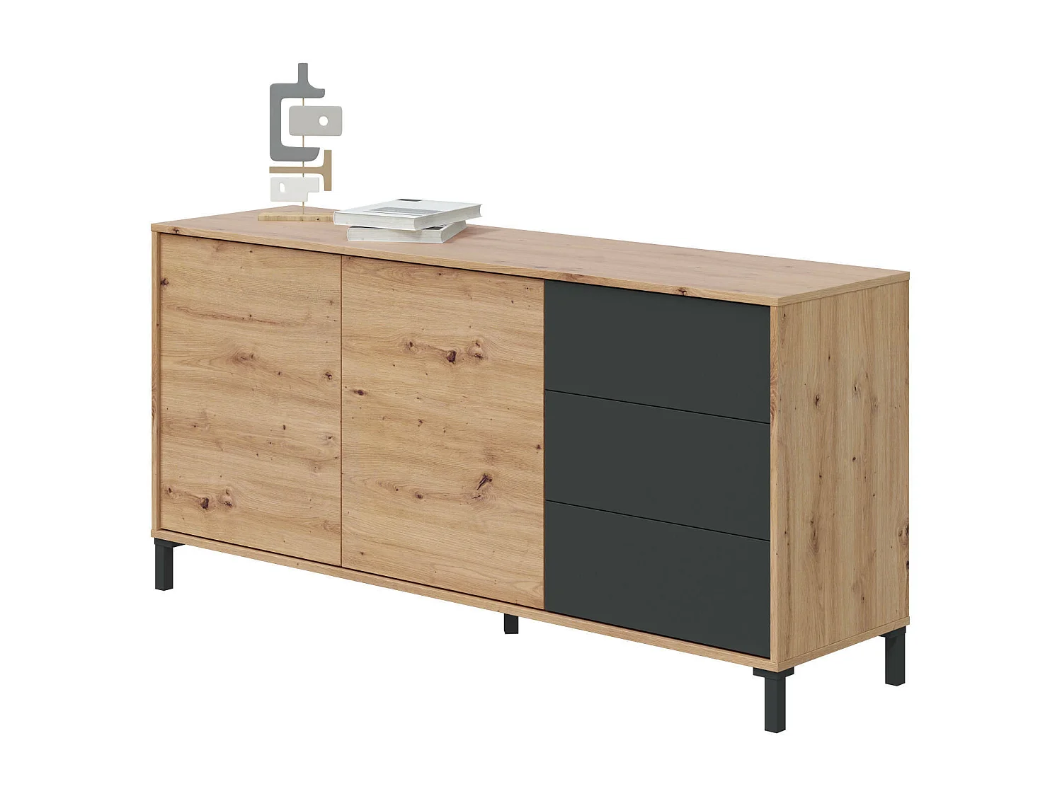 Buffet Dbog, Buffet de salon, Meuble TV, Armoire de salon, Buffet moderne avec 2 portes et 3 tiroirs, 154x41h74 cm, Chêne noué et Anthracite