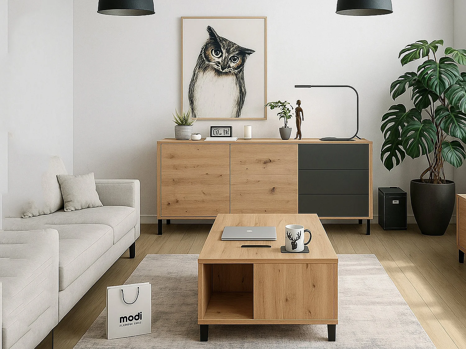 Buffet Dbog, Buffet de salon, Meuble TV, Armoire de salon, Buffet moderne avec 2 portes et 3 tiroirs, 154x41h74 cm, Chêne noué et Anthracite