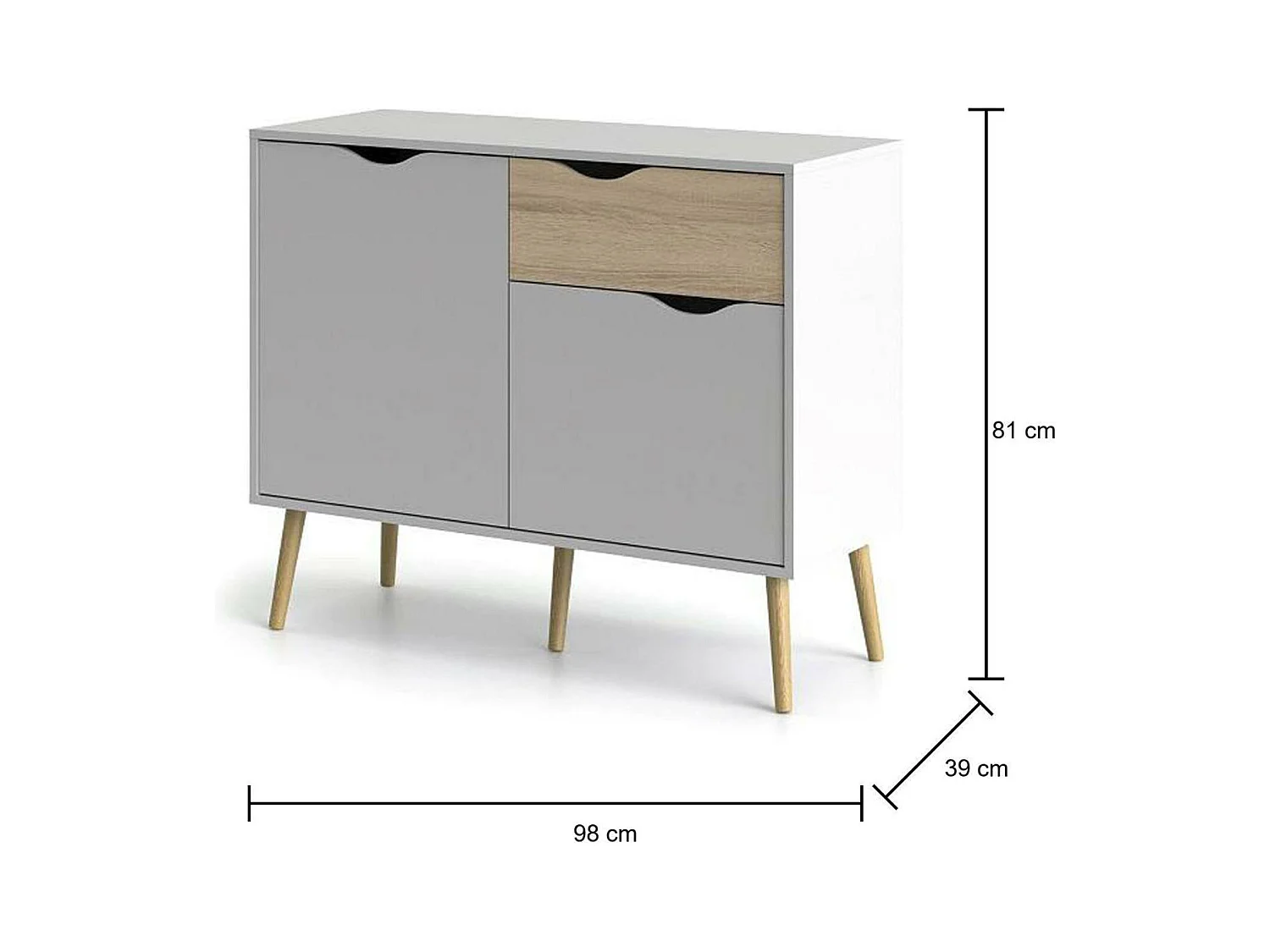 Dressoir met twee deuren en één lade, wit en eikenkleur, afmetingen 98 x 81 x 39 cm