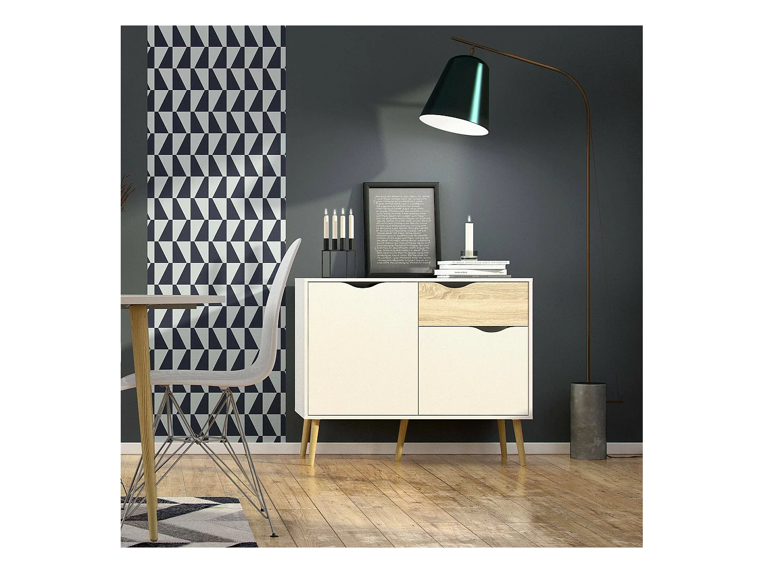 Dressoir met twee deuren en één lade, wit en eikenkleur, afmetingen 98 x 81 x 39 cm