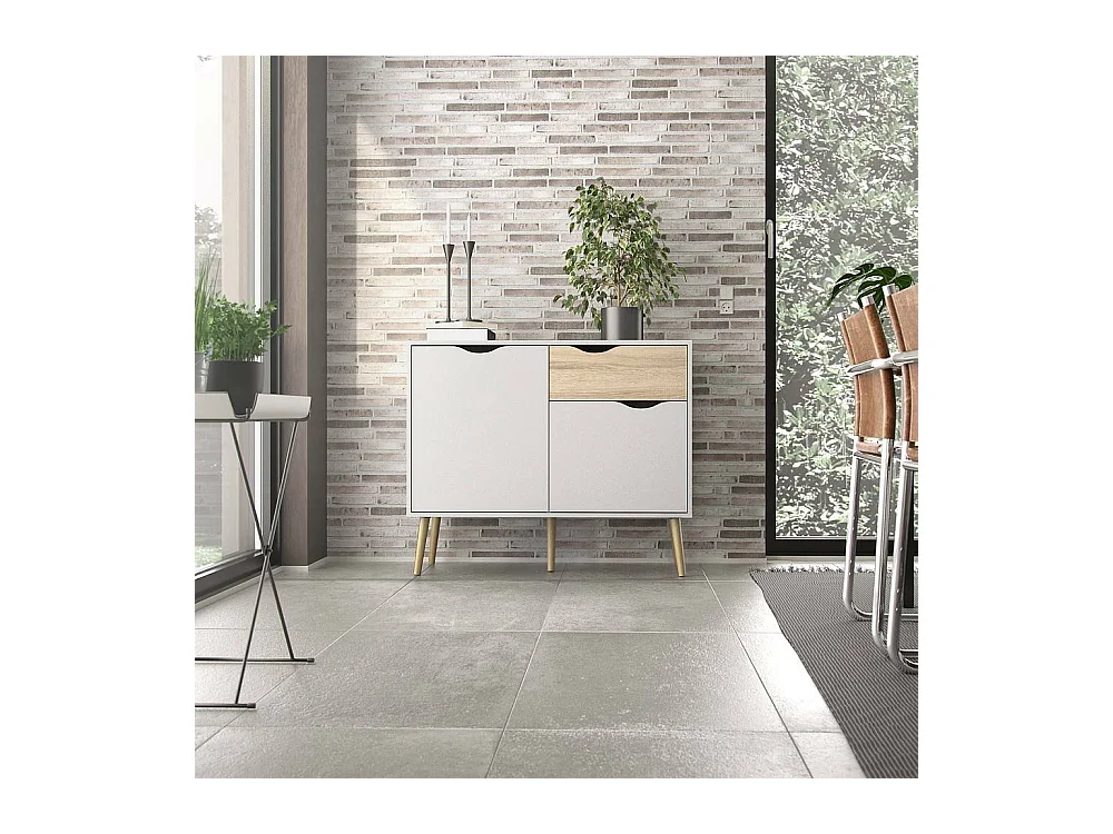 Dressoir met twee deuren en één lade, wit en eikenkleur, afmetingen 98 x 81 x 39 cm