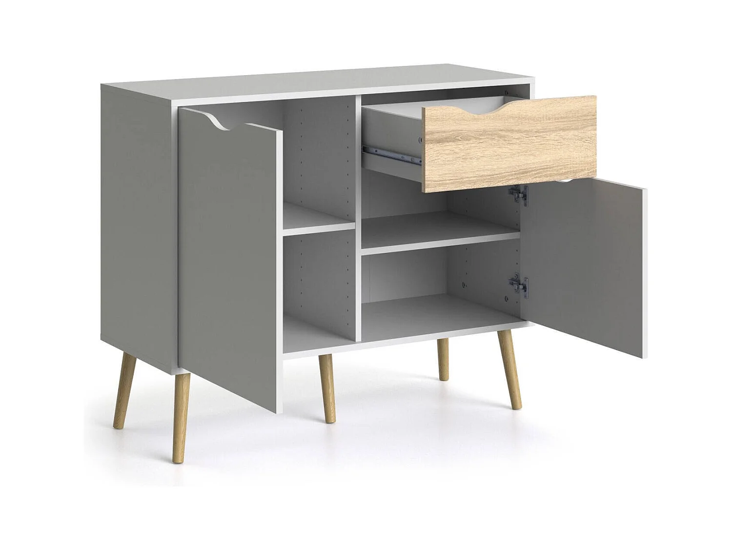 Dressoir met twee deuren en één lade, wit en eikenkleur, afmetingen 98 x 81 x 39 cm