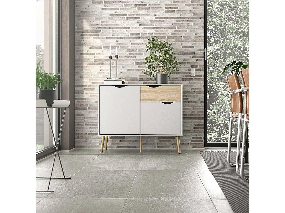 Buffet avec deux portes et un tiroir, blanc et chêne, Mesures 98 x 81 x 39 cm