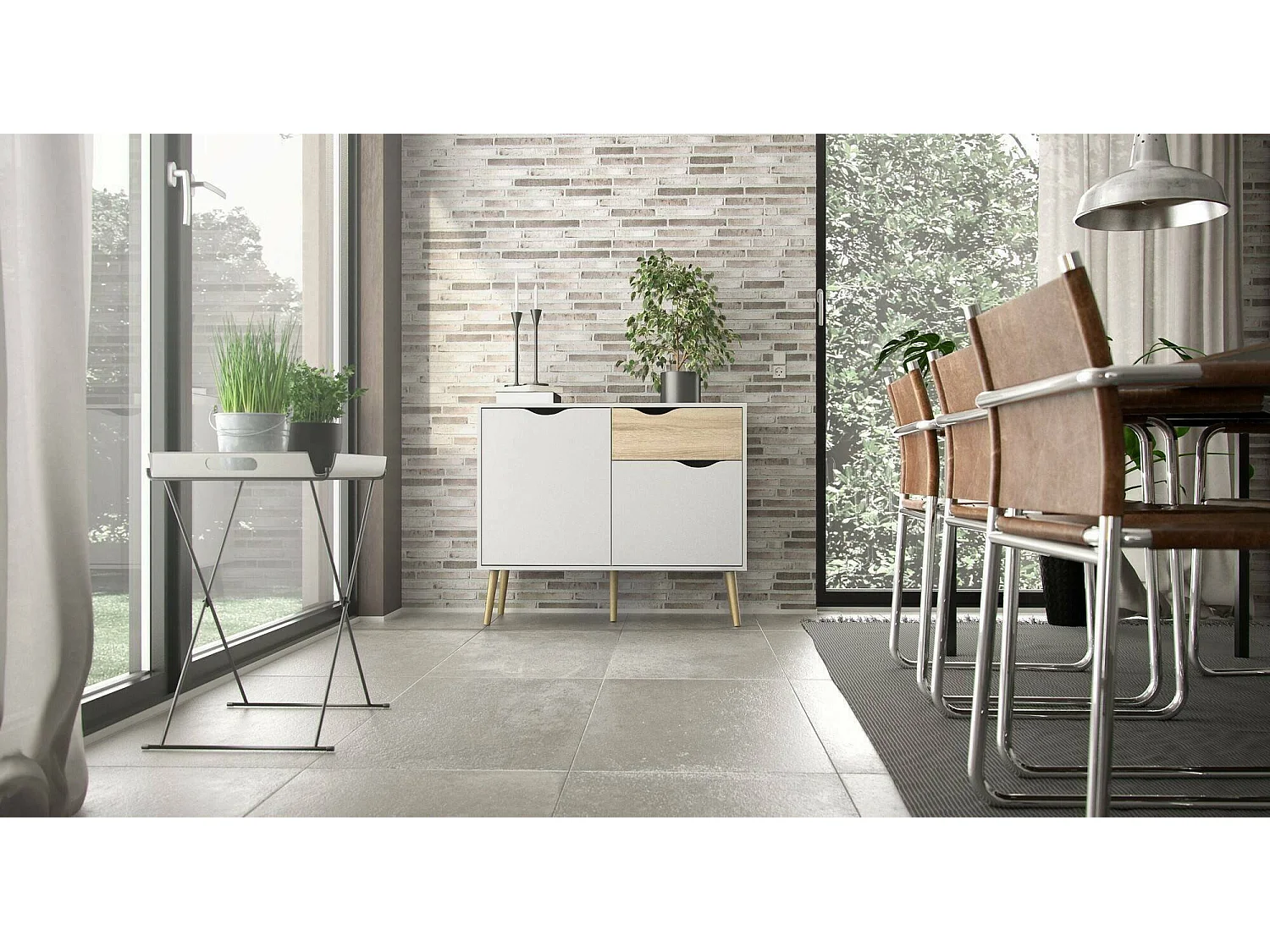 Buffet avec deux portes et un tiroir, blanc et chêne, Mesures 98 x 81 x 39 cm