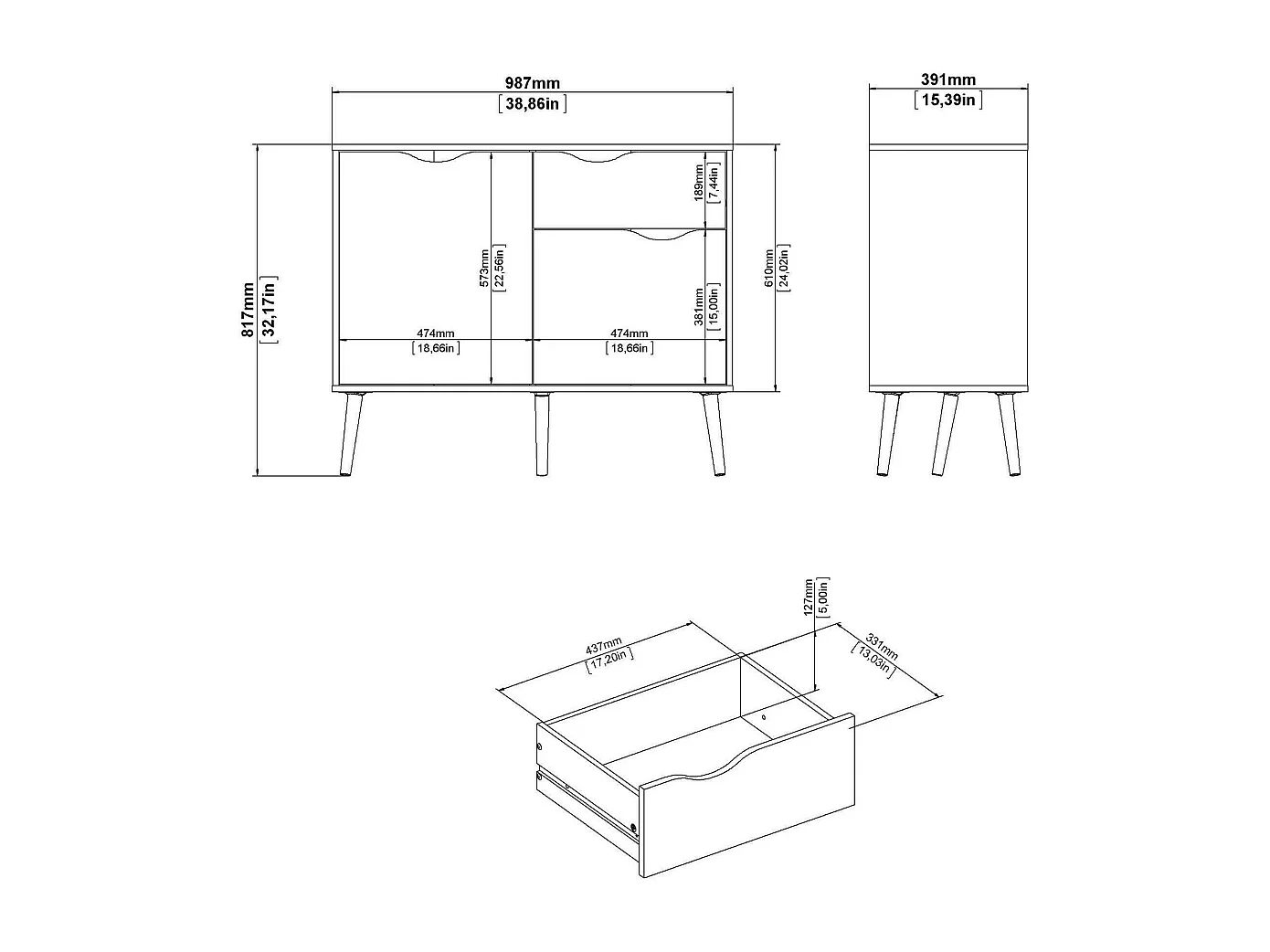 Buffet avec deux portes et un tiroir, blanc et chêne, Mesures 98 x 81 x 39 cm