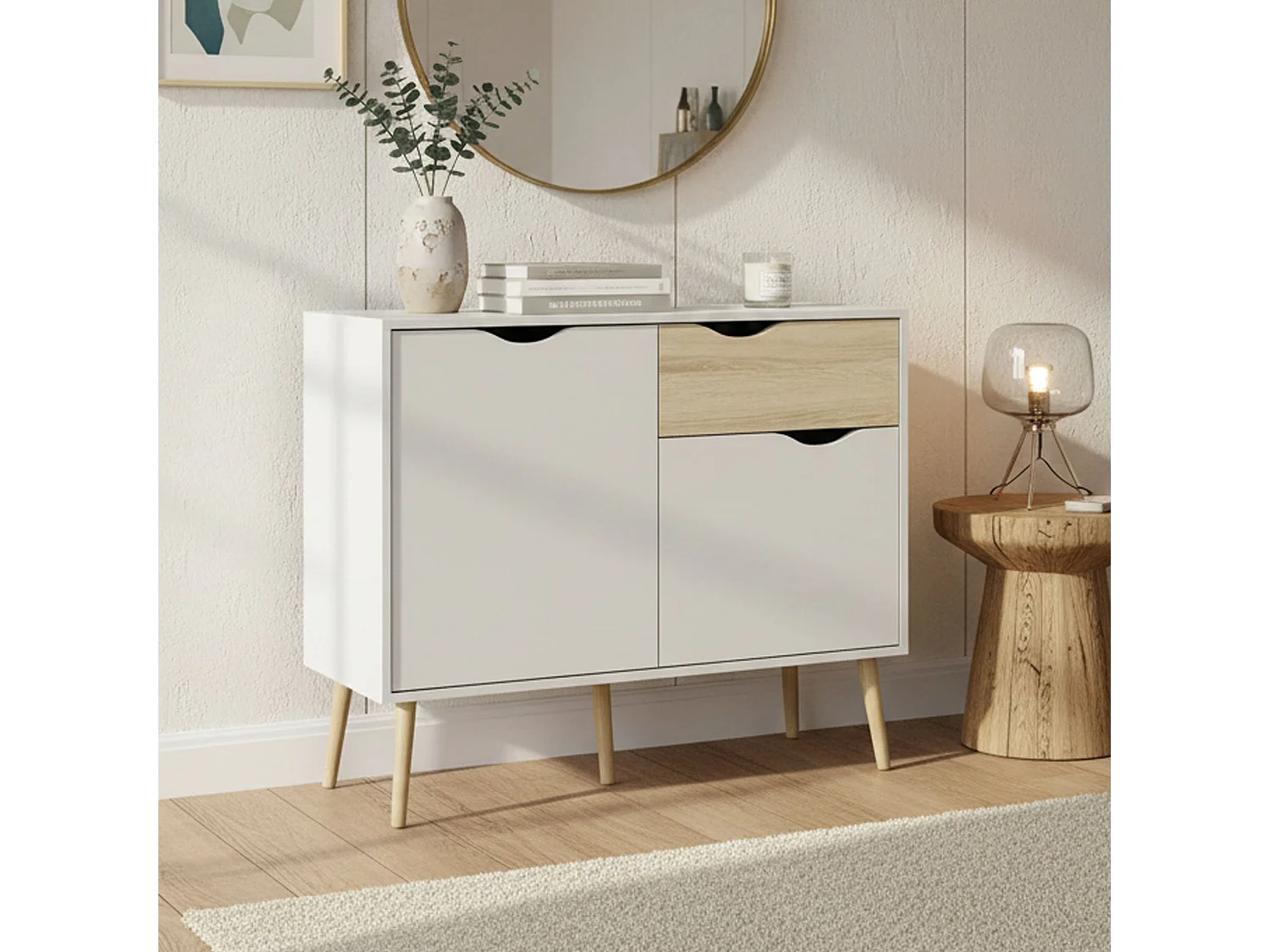 Buffet avec deux portes et un tiroir, blanc et chêne, Mesures 98 x 81 x 39 cm