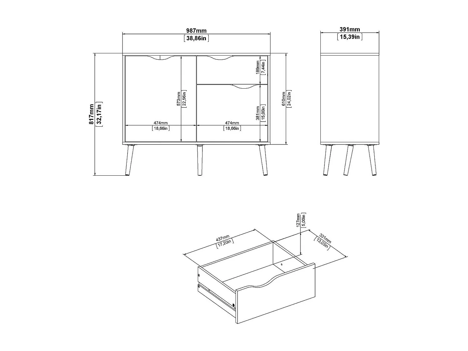 Dressoir met twee deuren en één lade, wit en eikenkleur, afmetingen 98 x 81 x 39 cm
