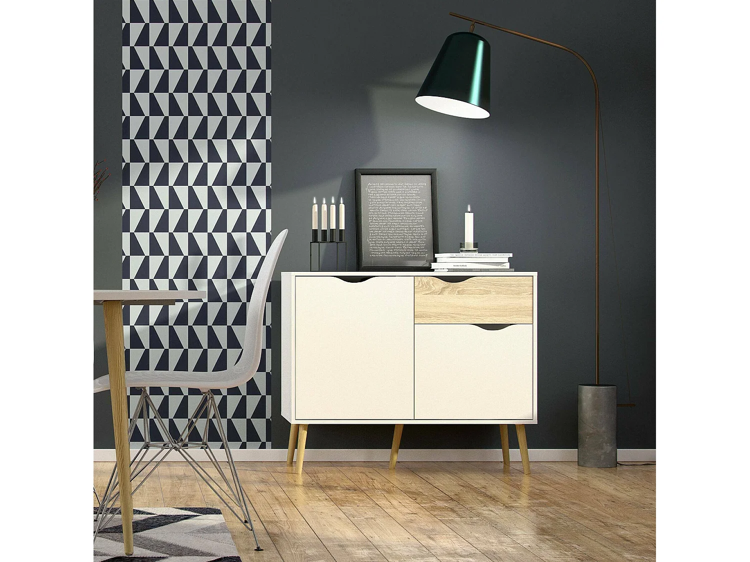 Dressoir met twee deuren en één lade, wit en eikenkleur, afmetingen 98 x 81 x 39 cm