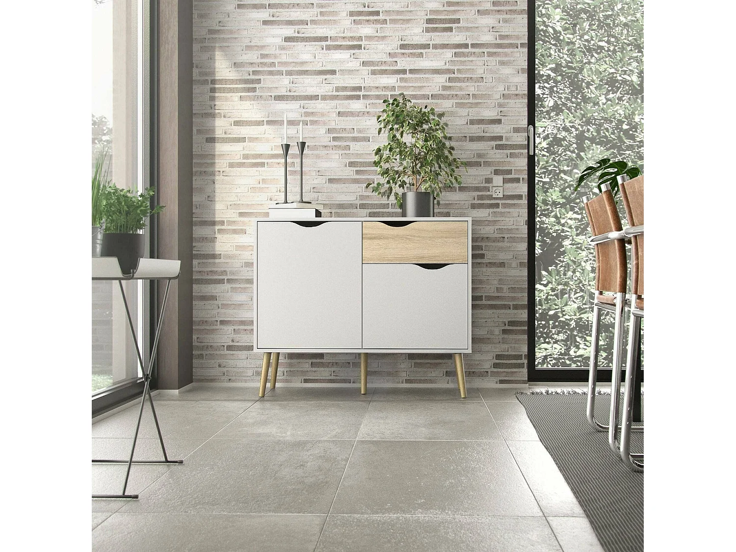 Dressoir met twee deuren en één lade, wit en eikenkleur, afmetingen 98 x 81 x 39 cm