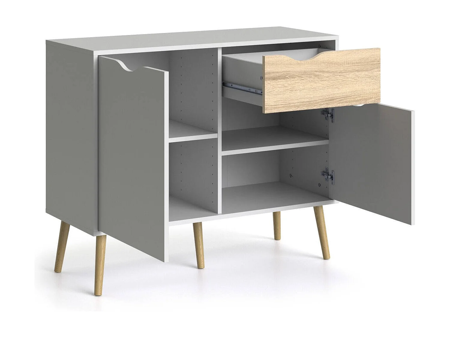 Dressoir met twee deuren en één lade, wit en eikenkleur, afmetingen 98 x 81 x 39 cm