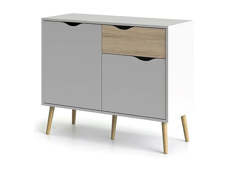 Sideboard mit zwei Türen und einer Schublade, Weiß und Eiche, Maße 98 x 81 x 39 cm