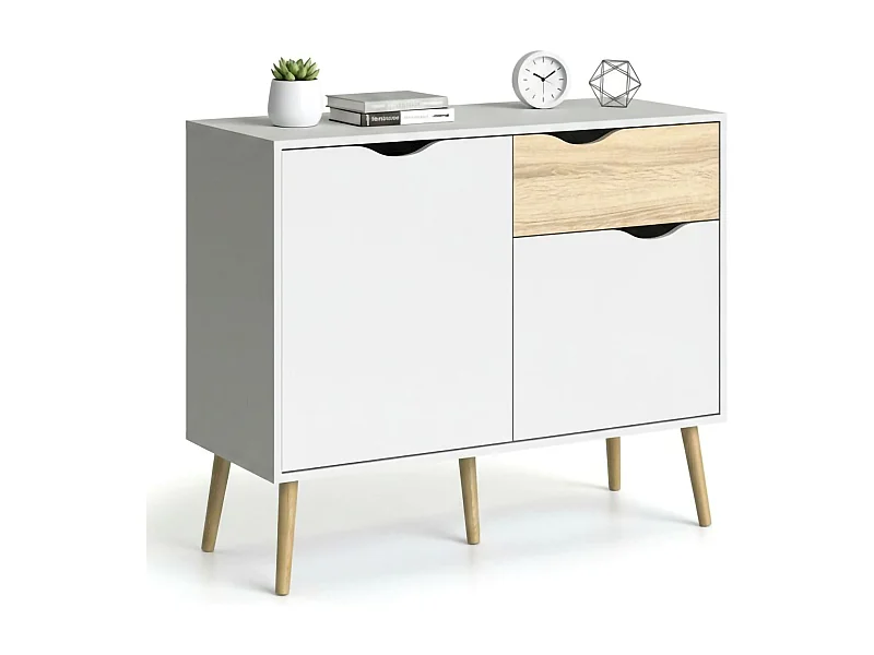 Dressoir met twee deuren en één lade, wit en eikenkleur, afmetingen 98 x 81 x 39 cm