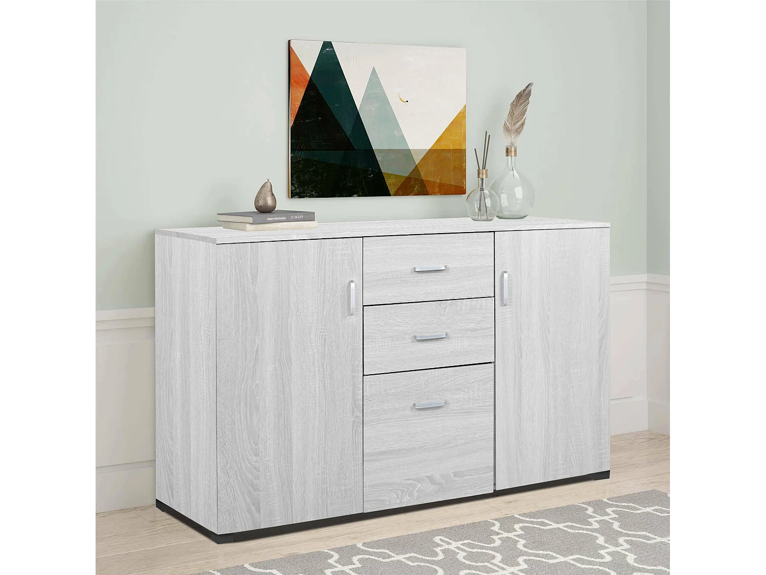 Dressoir 0, Modern buffet met 3 deuren en 2 laden, Lineair dressoir met planken, Made in Italy, 120x40h83 cm, Gebleekt eiken