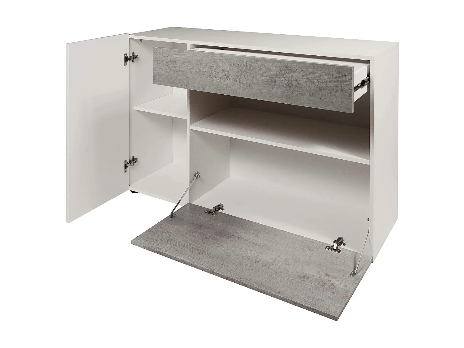 Modernes Sideboard mit 2 Türen und 1 Schublade, Sideboard mit Regalen und Regalen, Wohnzimmer-TV-Ständer, 130x41h81 cm, Glanzweiß und Zementfarbe