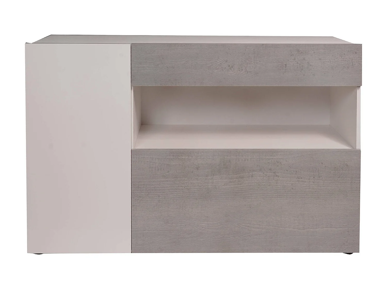 Buffet moderne avec 2 portes et 1 tiroir, Buffet avec étagères et étagères, Meuble TV de salon, 130x41h81 cm, Couleur Blanc Brillant et Ciment