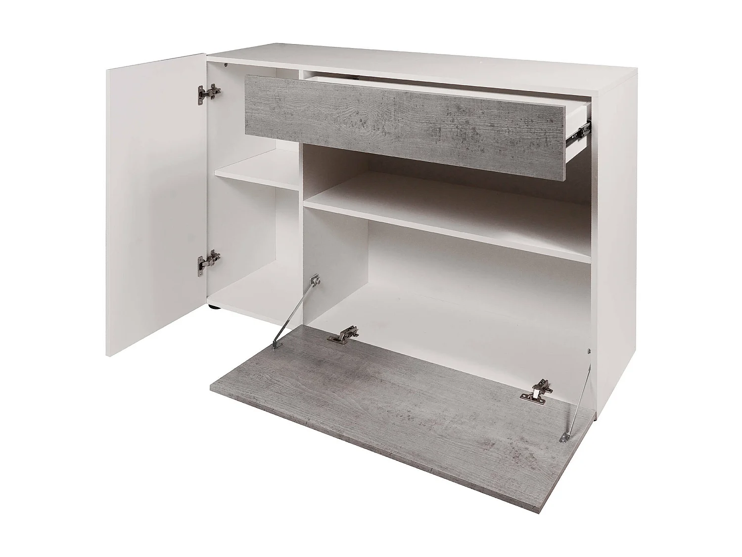 Buffet moderne avec 2 portes et 1 tiroir, Buffet avec étagères et étagères, Meuble TV de salon, 130x41h81 cm, Couleur Blanc Brillant et Ciment