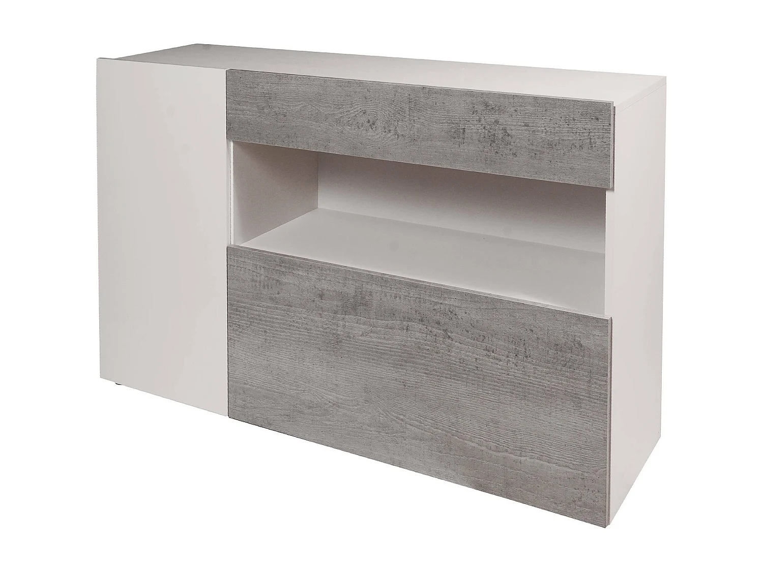 Buffet moderne avec 2 portes et 1 tiroir, Buffet avec étagères et étagères, Meuble TV de salon, 130x41h81 cm, Couleur Blanc Brillant et Ciment