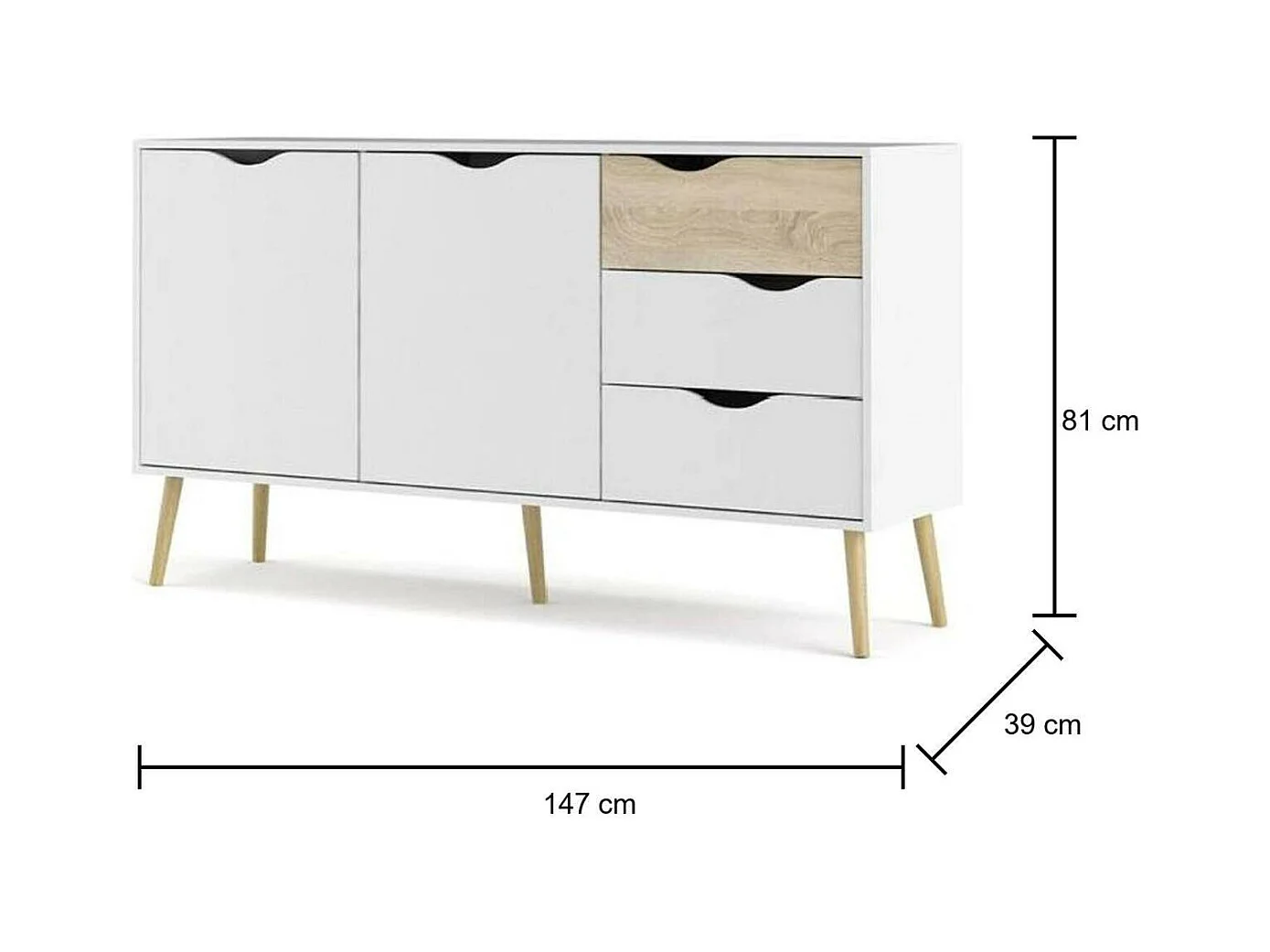 Dressoir met twee deuren en drie laden, wit en eikenhout, afmeting 147 x 81 x 39 cm