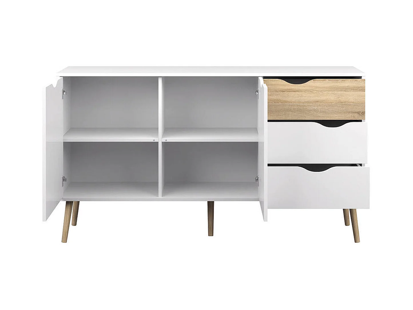 Dressoir met twee deuren en drie laden, wit en eikenhout, afmeting 147 x 81 x 39 cm