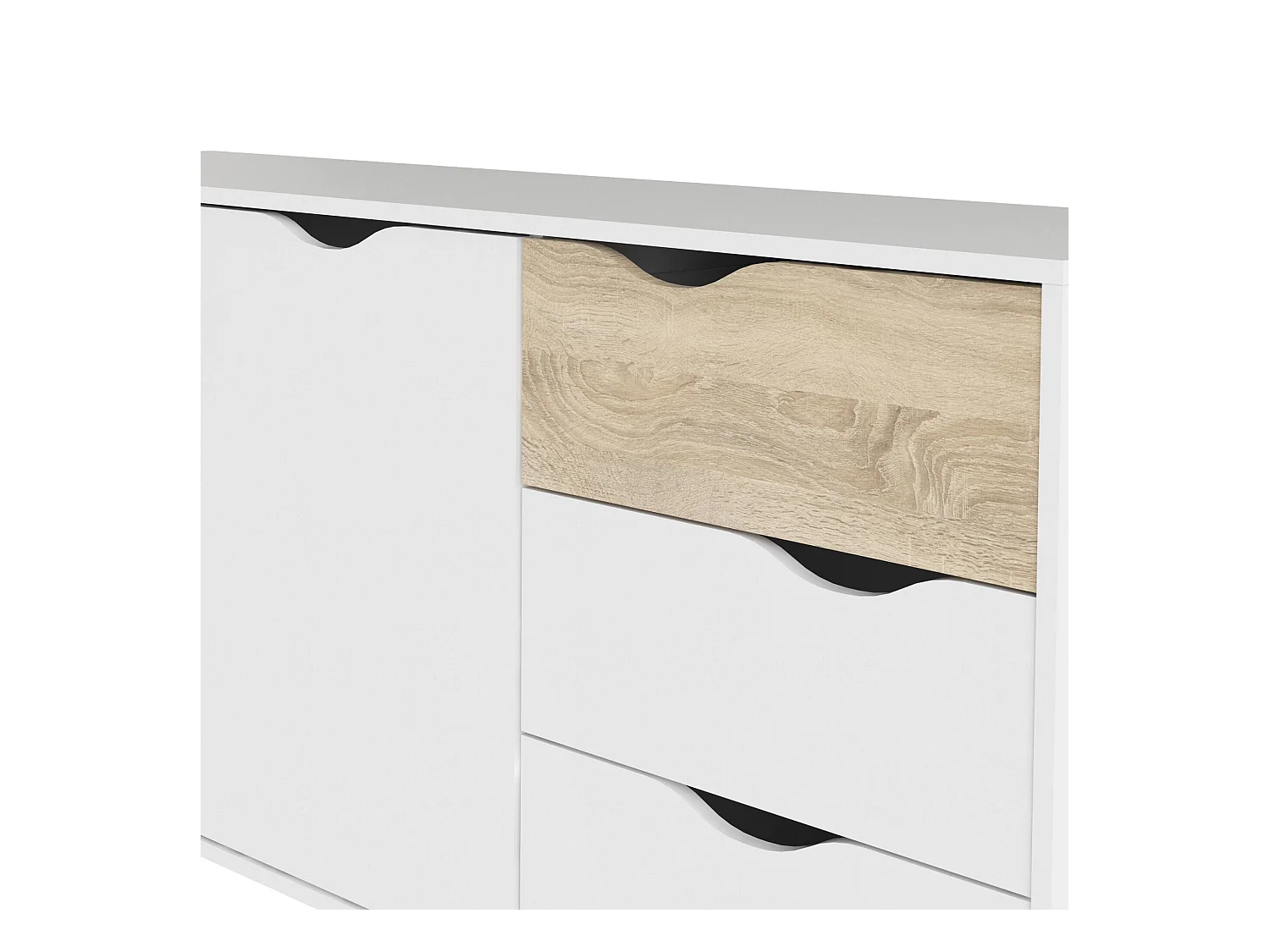 Dressoir met twee deuren en drie laden, wit en eikenhout, afmeting 147 x 81 x 39 cm